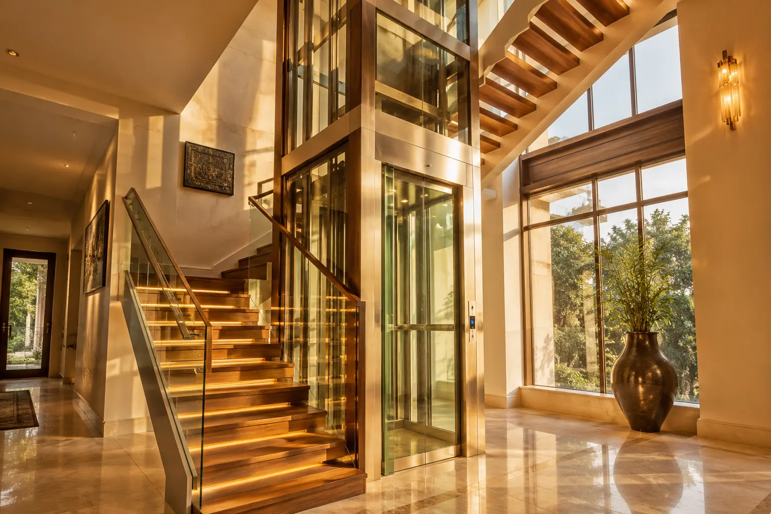 Residential home lift integrated beside a villa staircase