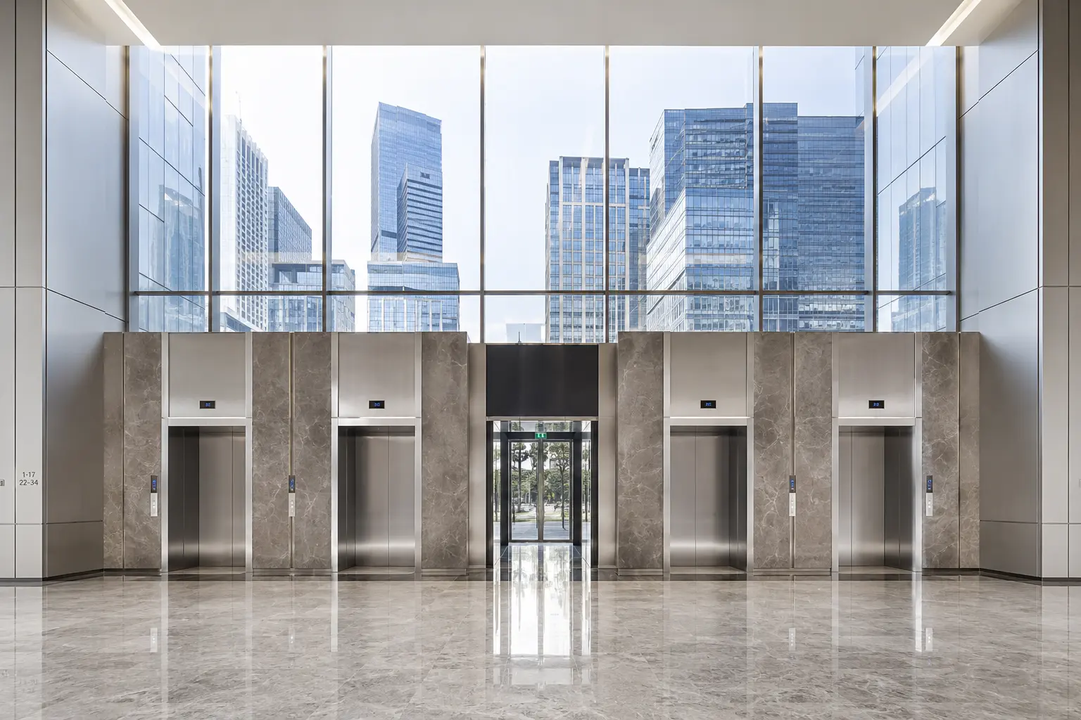 Commercial passenger elevators in a corporate lobby
