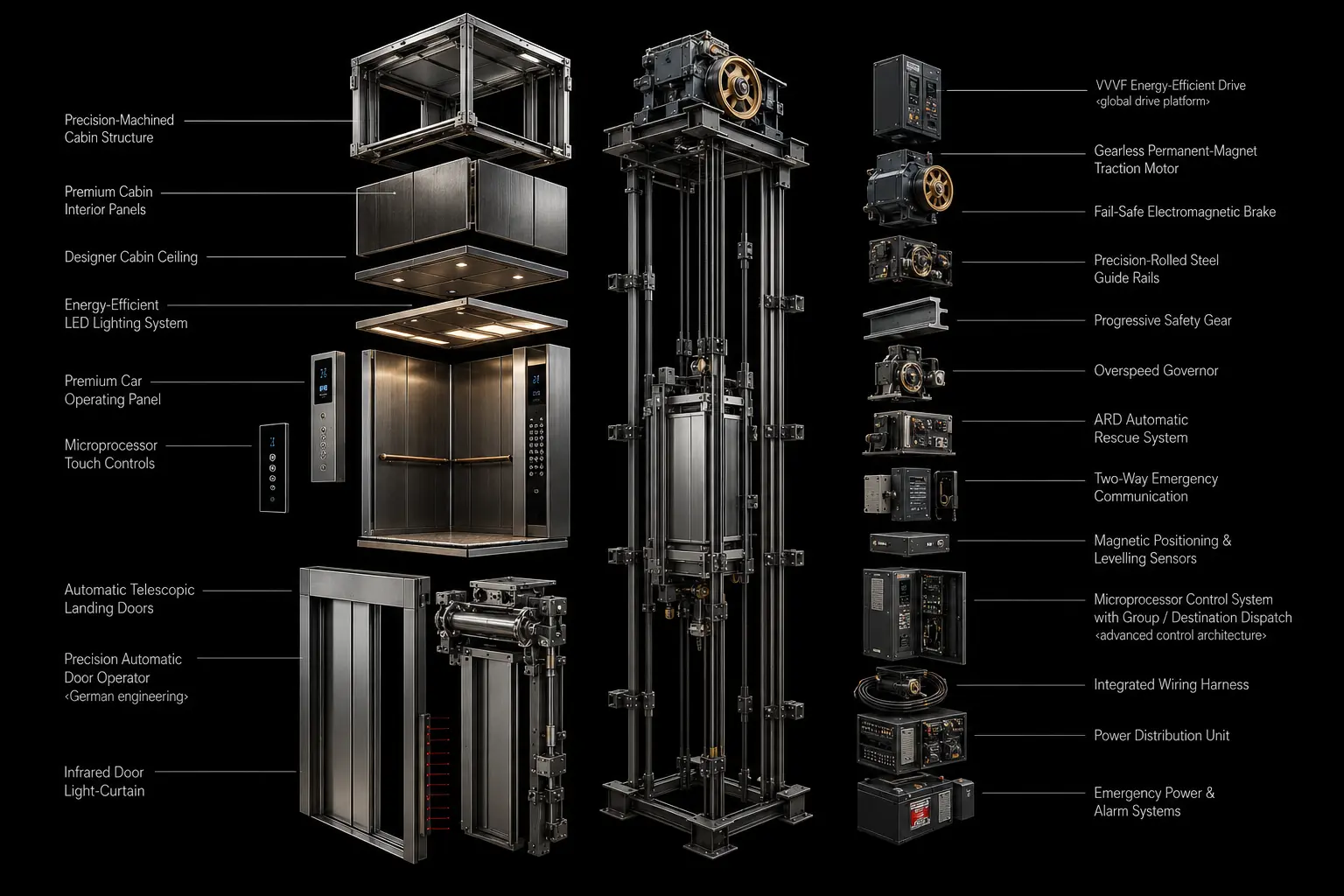 Exploded engineering view of a commercial passenger elevator