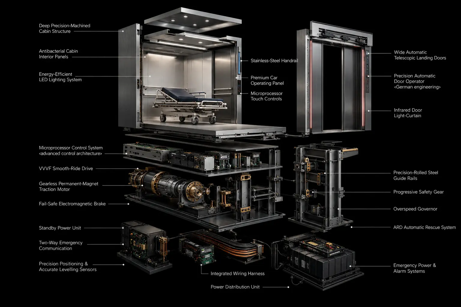 Exploded engineering view of a hospital bed elevator
