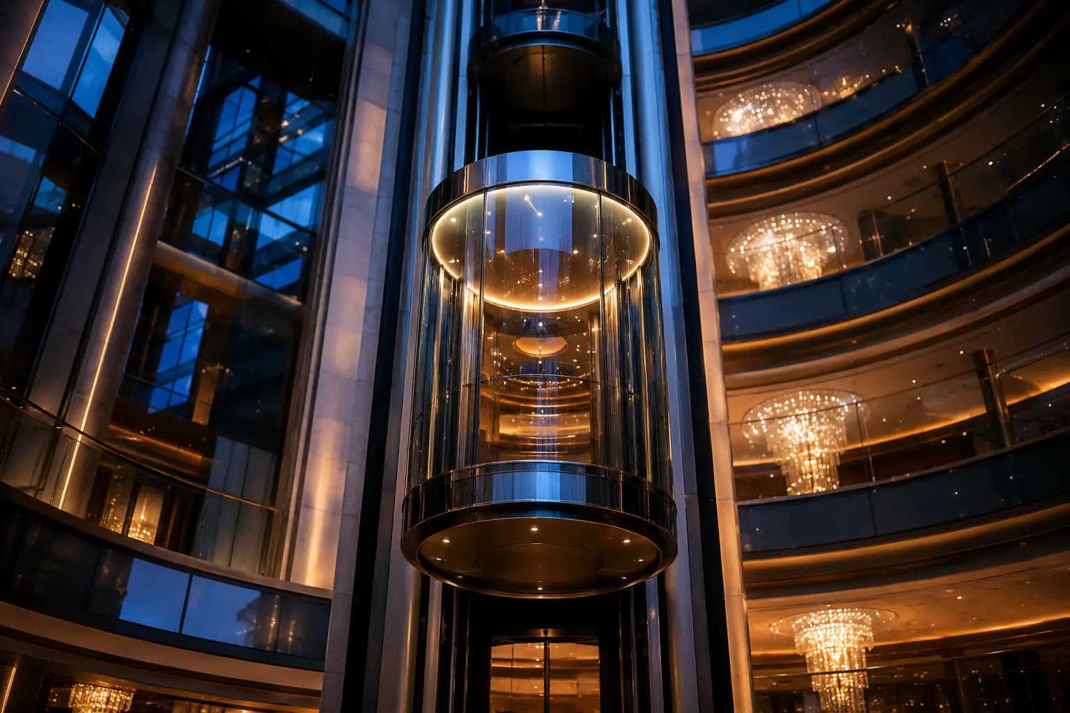 Panoramic glass capsule elevator in a hotel atrium