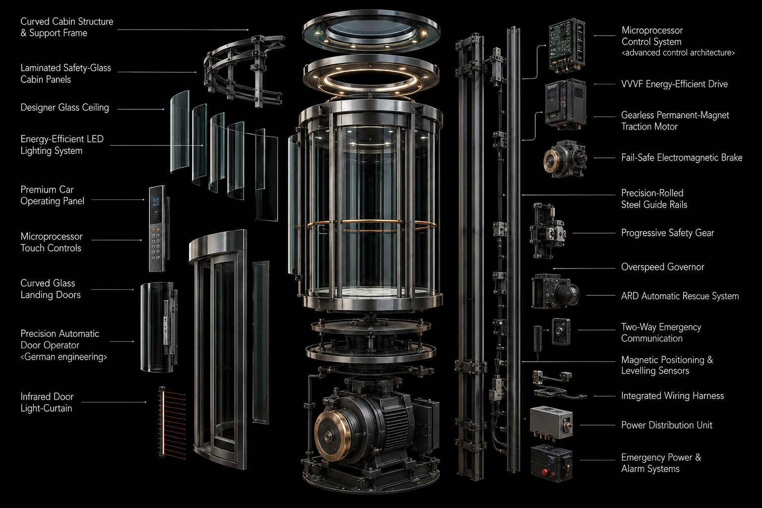 Exploded engineering view of a panoramic glass capsule elevator