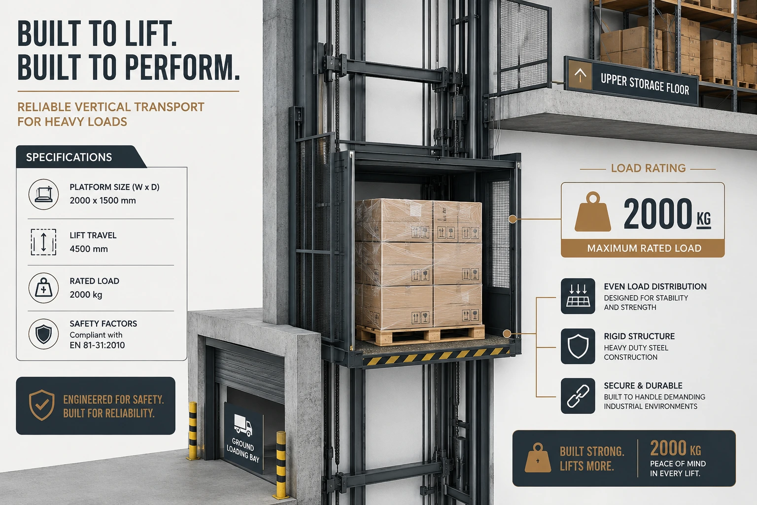 Heavy-duty freight elevator platform in a warehouse