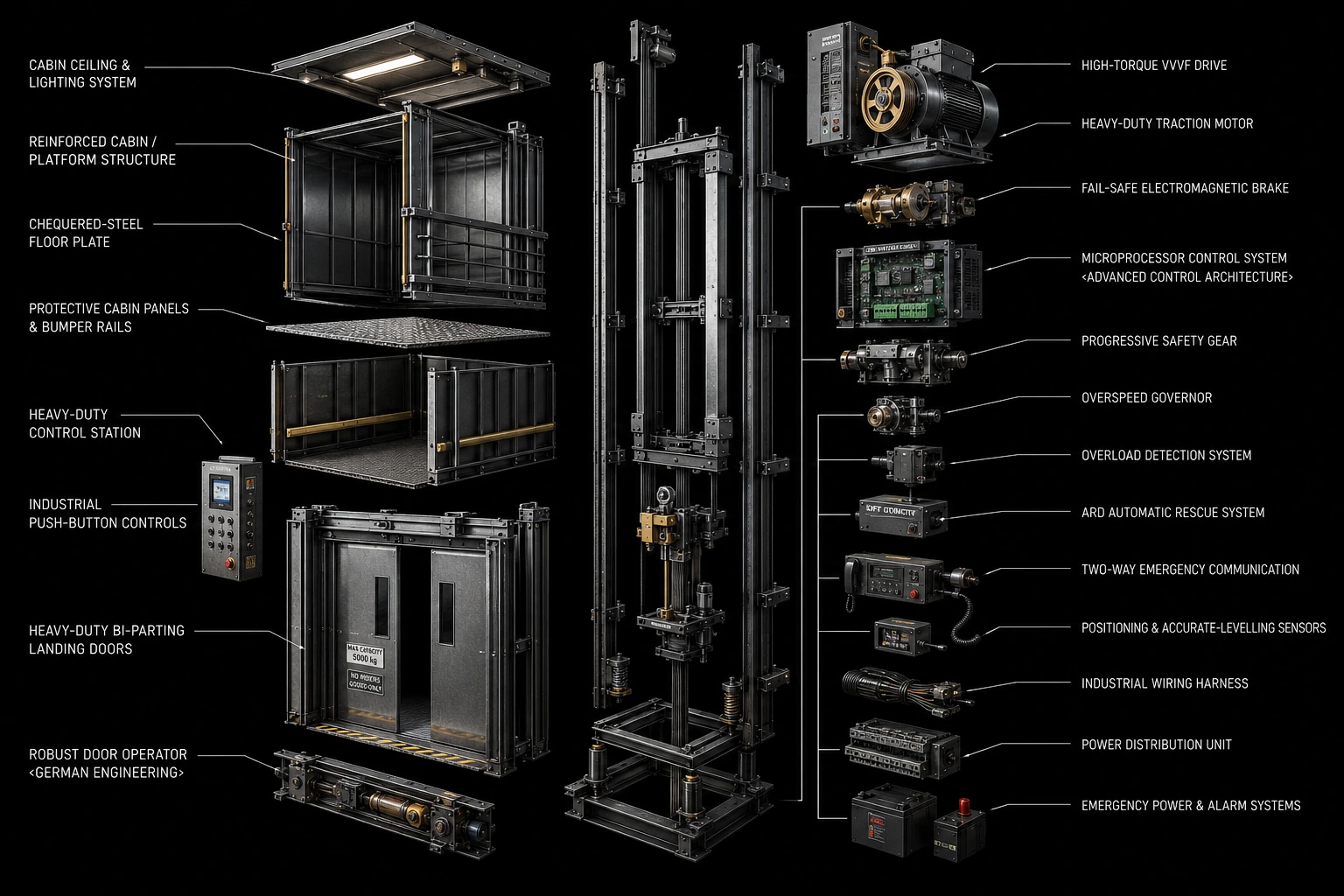 Exploded engineering view of a freight goods elevator