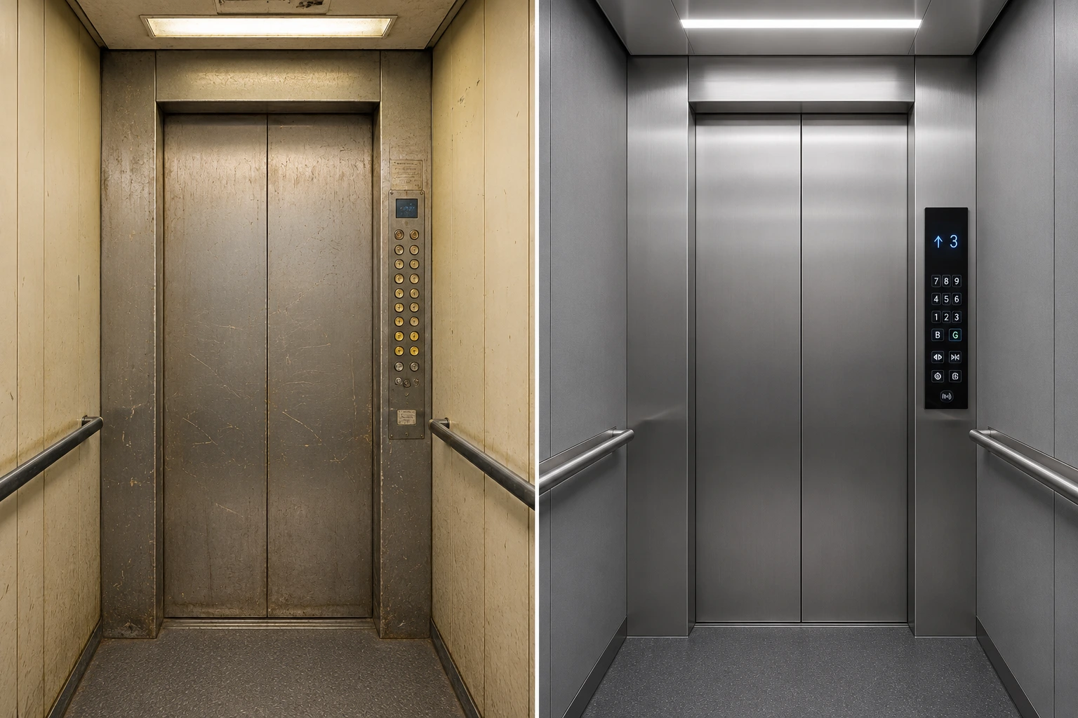 Elevator modernization before and after cabin comparison