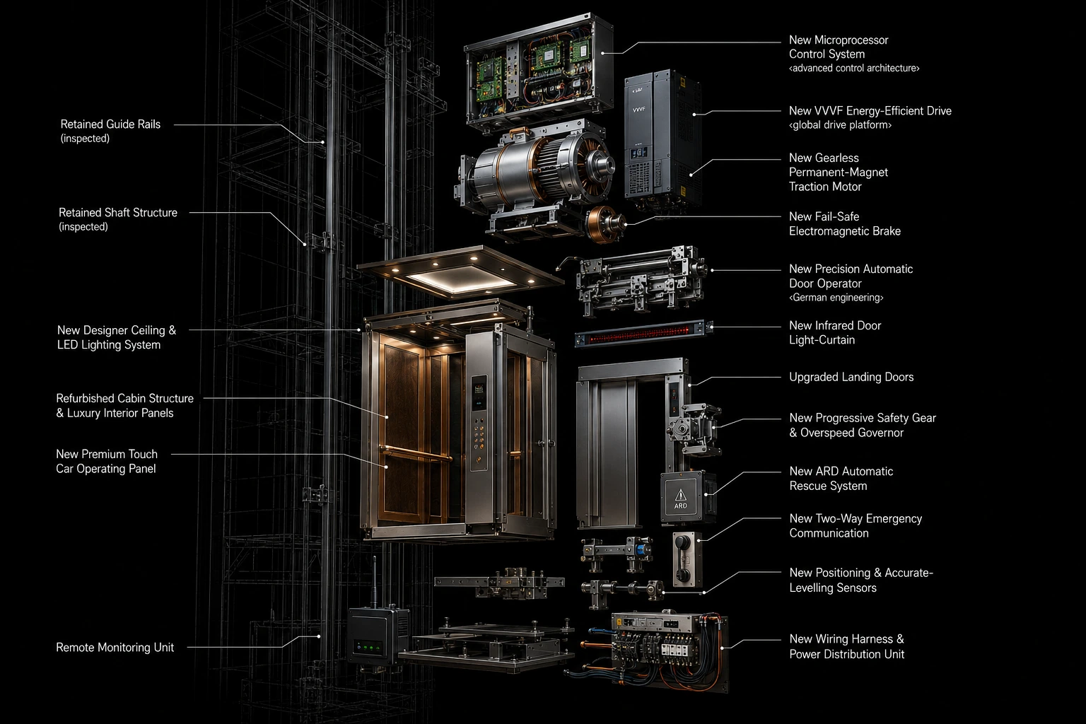 Exploded view of an elevator modernization upgrade package